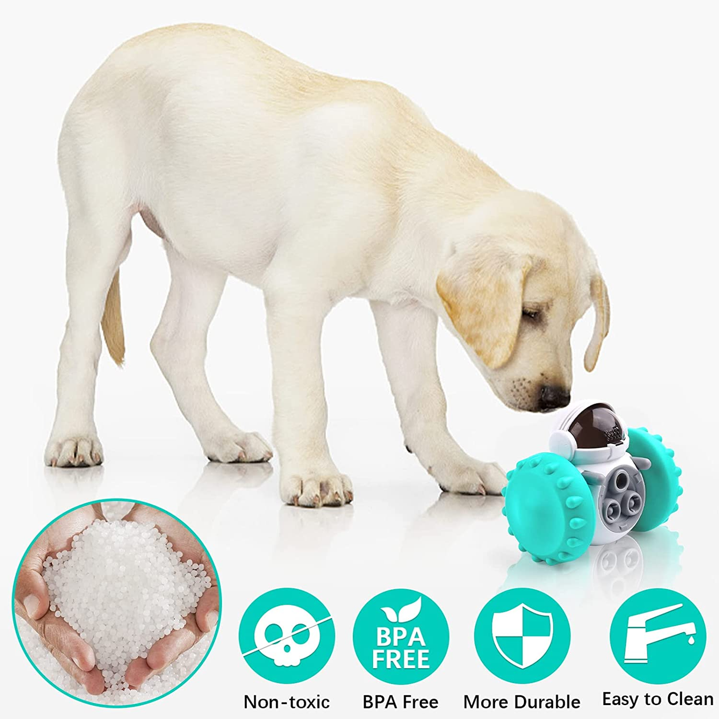 Dog playing with a teal and gray toy on a white background