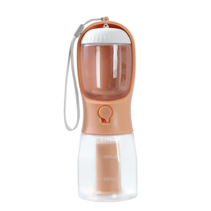 Pet water bottle with a transparent container and peach-colored lid and base on a white background
