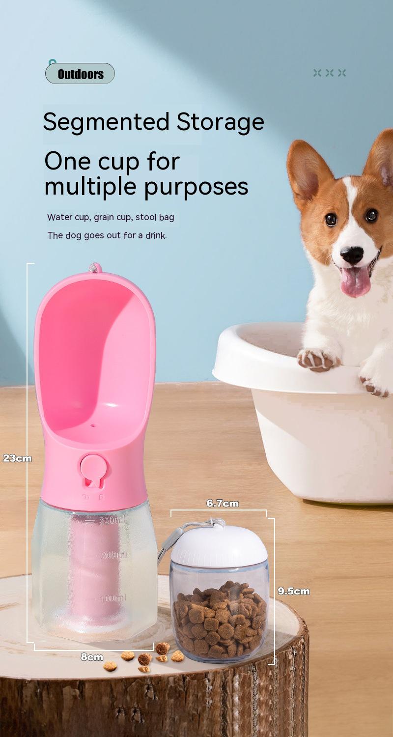 Pink segmented storage container with a dog and bowl on a wooden surface