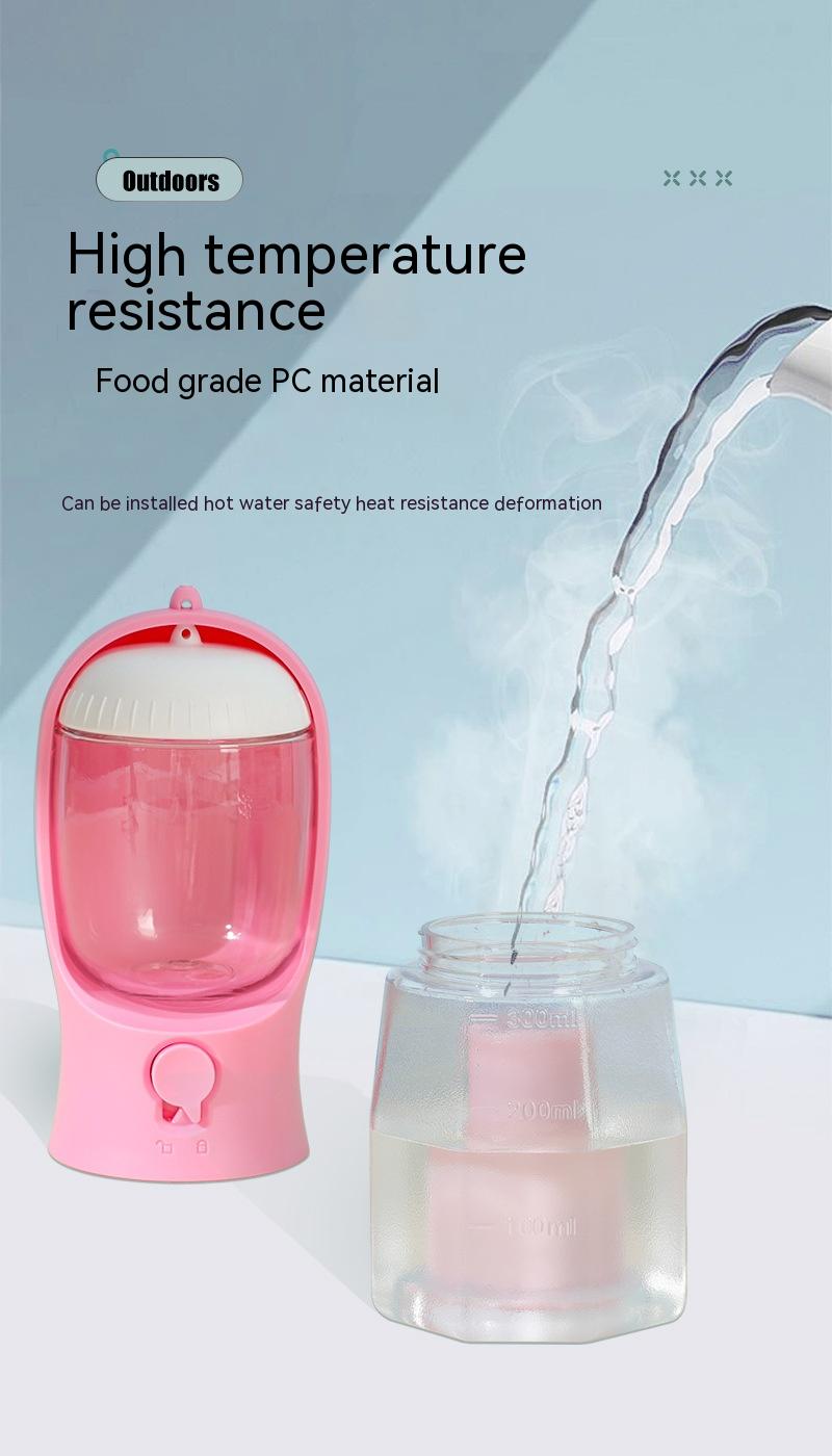Pink water dispenser being filled with water from a faucet on a light blue background