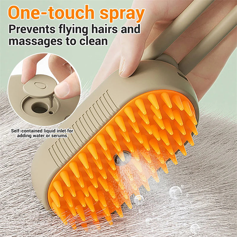 Dog grooming brush with orange bristles and text explaining its features on a light green background.