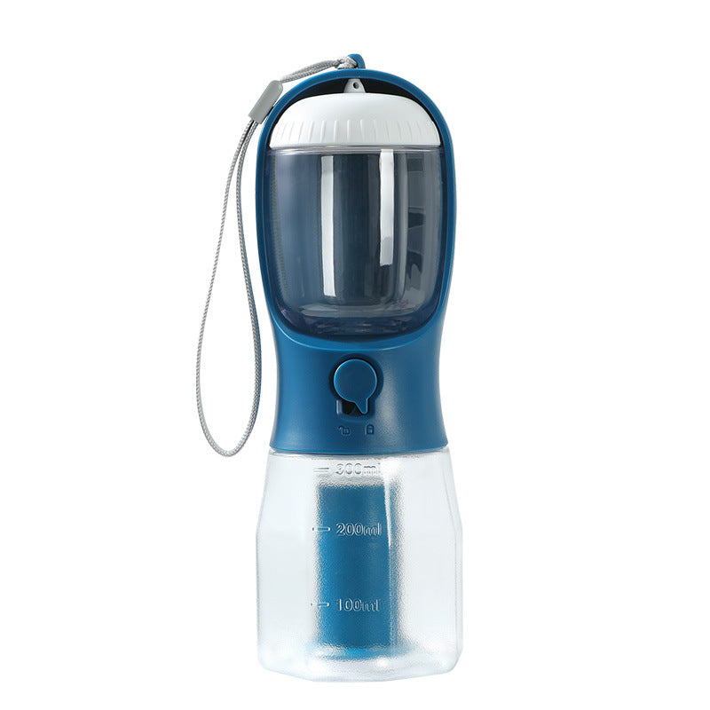Blue and clear portable water bottle with measurement markings on a white background