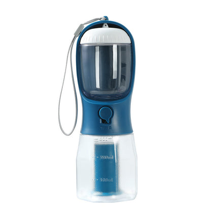 Blue and clear portable water bottle with measurement markings on a white background