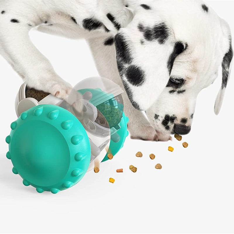 Teal dog toy with a Dalmatian dog interacting with it on a white background