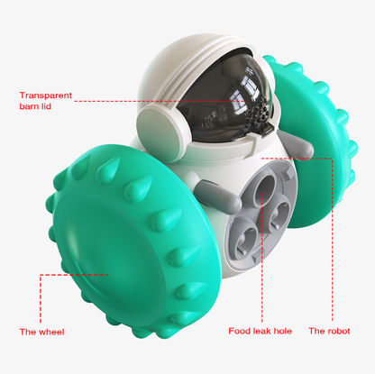 Green and white robot toy with labeled parts on a white background