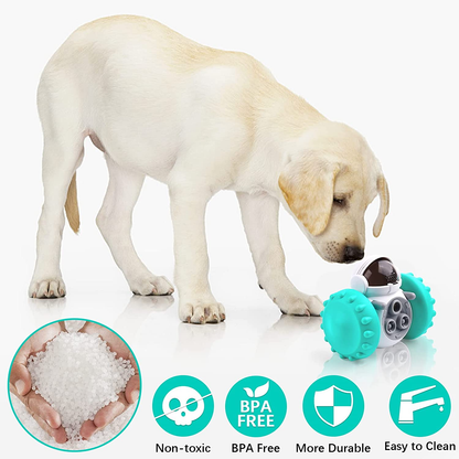 Dog playing with a teal and gray toy on a white background